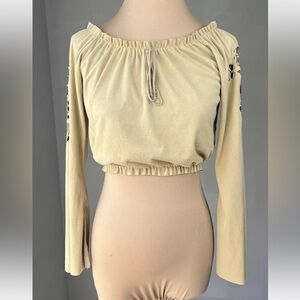 Vintage Bohemian Gypsy Hippie Faux Suede Floral Burnout Bell Sleeve Crop Top M